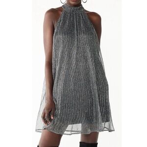 NWT  $60 Nine West Mockneck Swing Mini Dress Black Metallic Silver Size XL
